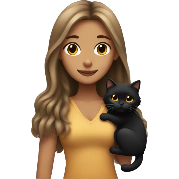 Tan girl with long hair holding a fluffy black cat emoji