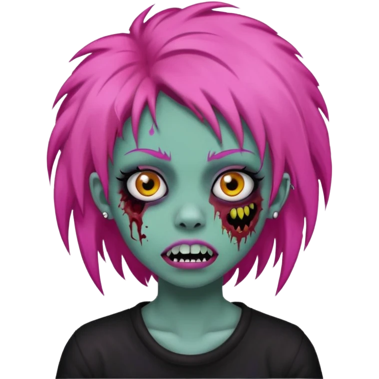 girl, zombie, pink coily hair, medium long, emo, shaggy, dark, spooky, piercing on eyebrow, colourful teeth, creepy blank expression emoji