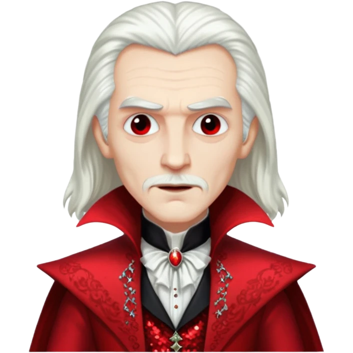 Dracula with long white hair, red sequin outfit emoji