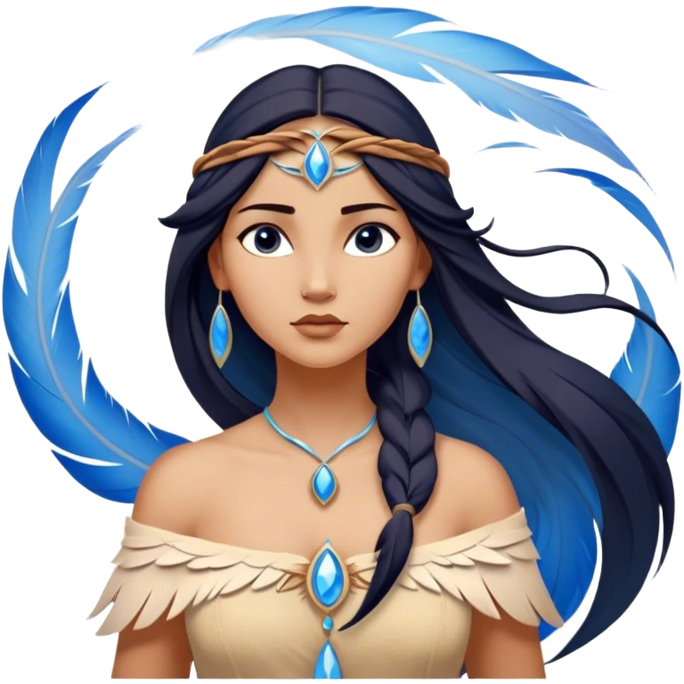 Cinematic Elegant Pocahontas Portrait Emoji, Standing serenely with a blue wind swirl around her, soft feathers in her hair, a tranquil yet powerful gaze, beauty beyond time, an ethereal aura of connection with nature, regal and enchanting! emoji