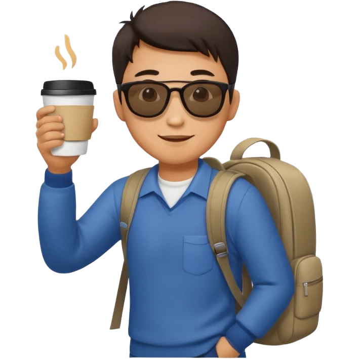 An asian man wearing sunglasses and carrying a backpack, holding a cup of coffee and waving his hand (in greeting) emoji