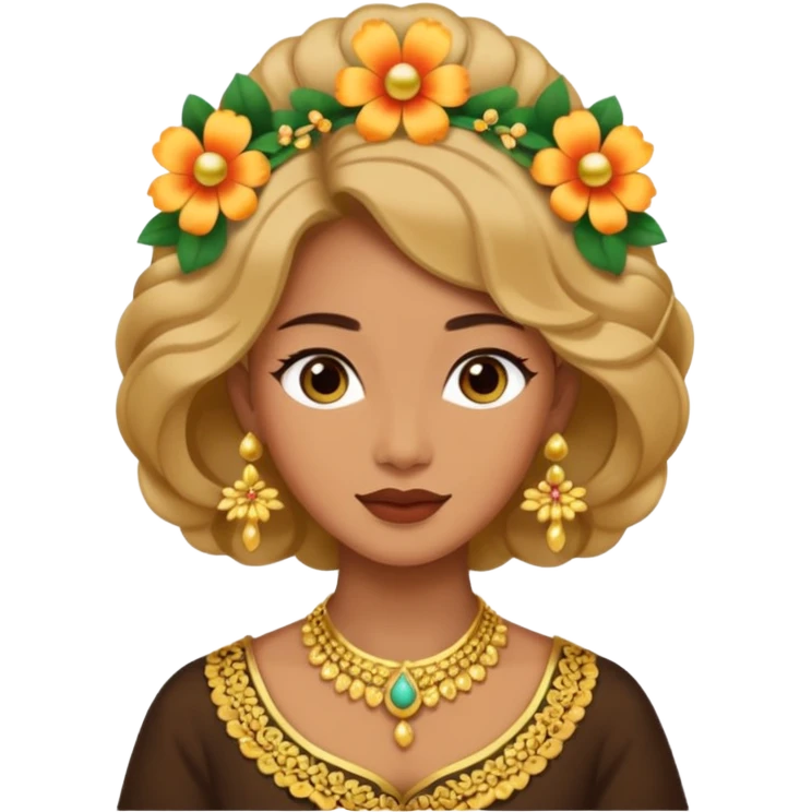 women with tan skin, wearing traditional Javanese hair with bouncy flowers, and wearing paes emoji