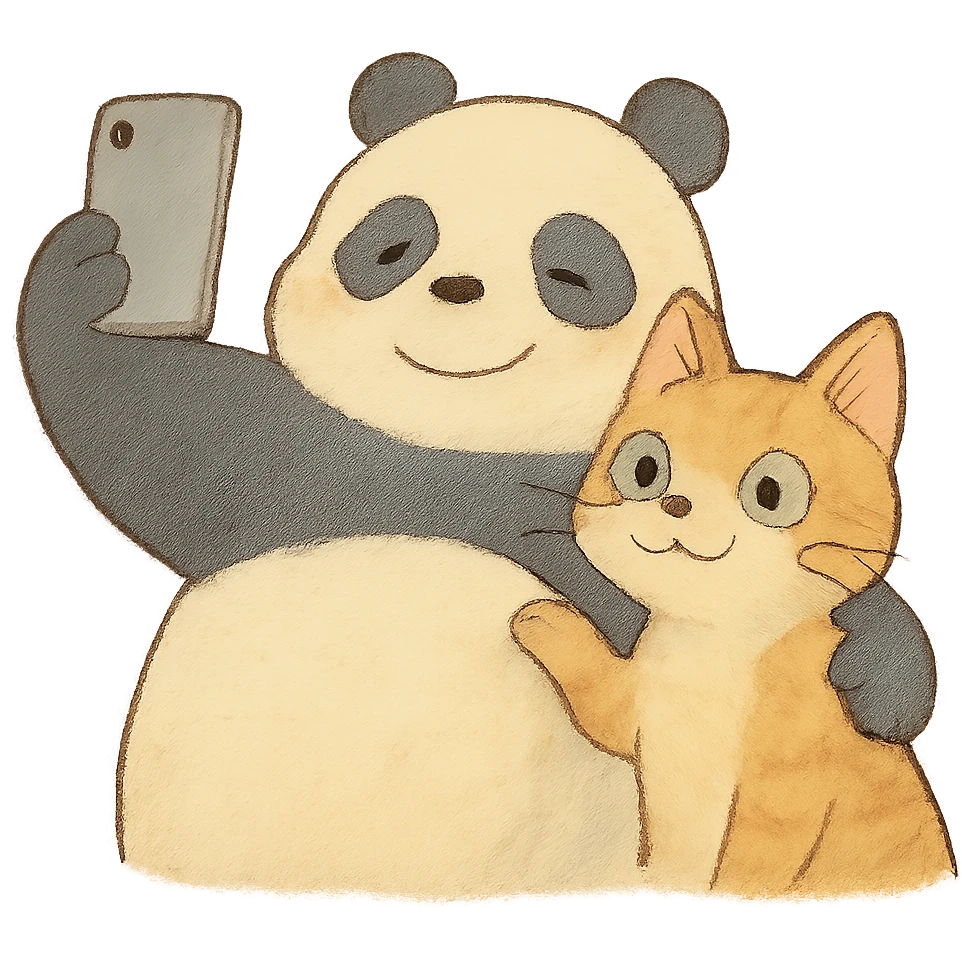 ghibli style panda and cat taking a selfie together with soft colors emoji