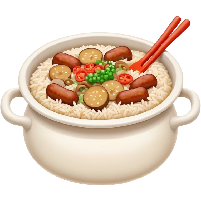 Guangdong clay pot rice with toppings and sauce, simplified emoji style with bold outlines and bright colors, cartoon style Cantonese Bo Zai Fan emoji
