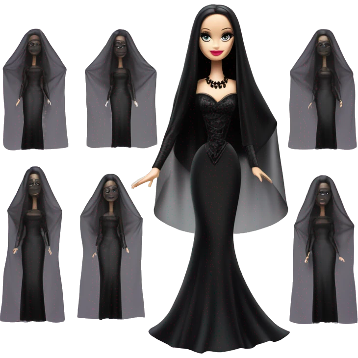 Principessa Barbie, teen Morticia Addams,cute,showing off, show full body,mourning accessories veil emoji