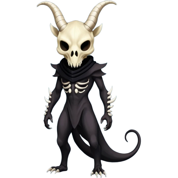 Shiny Dark Edgy  Duskull-Salandit-Inteleon-Amaura-Fakémon-hybrid-creature (full body) with a horned animal-skull-mask emoji