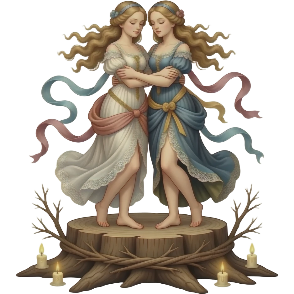 steampunk surreal - The ethereal, seductive Venuses of Lucas Cranach and Sandro Botticelli stand on a large stump, wrapped in twigs, embracing each other. emoji