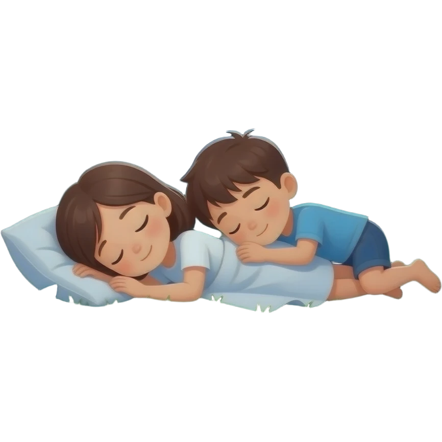 hazme una hermana y un hermano durmiendo en el bosque y es de noche emoji