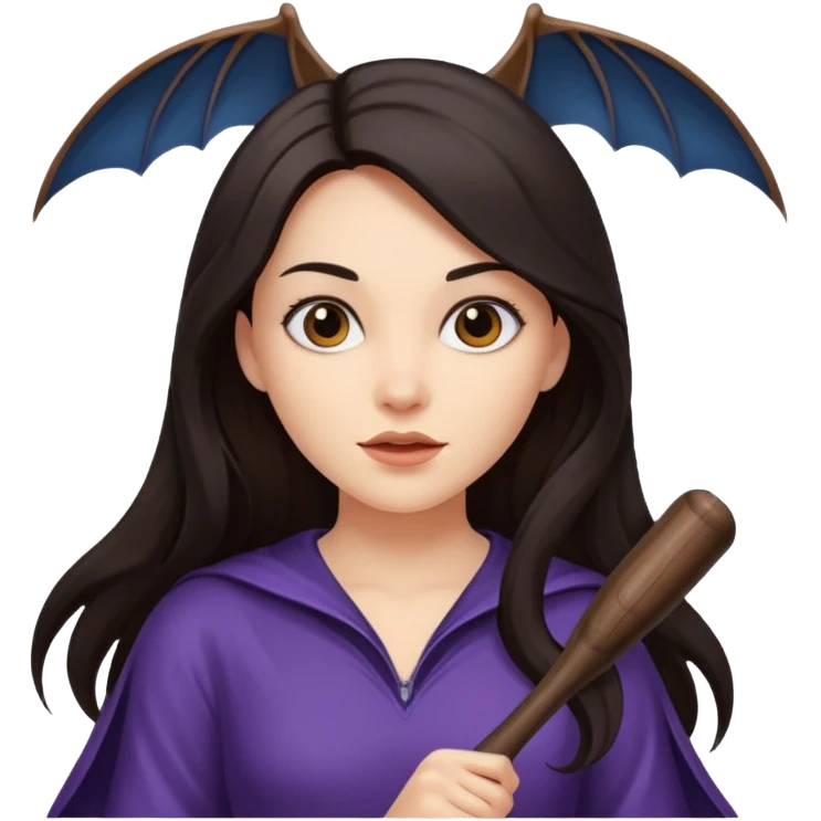 woman with long dark hair holding a flying bat emoji