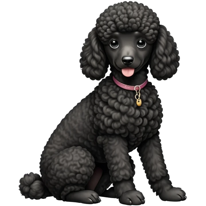 cinematic-[poodle]-realistic-full-body-sitting-emoji,-tail-resting-loosely-beside-its-paws,-head-tilted-dramatically, -curly-[black]-fur,-simplified-yet-realistic-focused-features,-highly-detailed,-glowing-with-an-almost-sarcastic-glow emoji