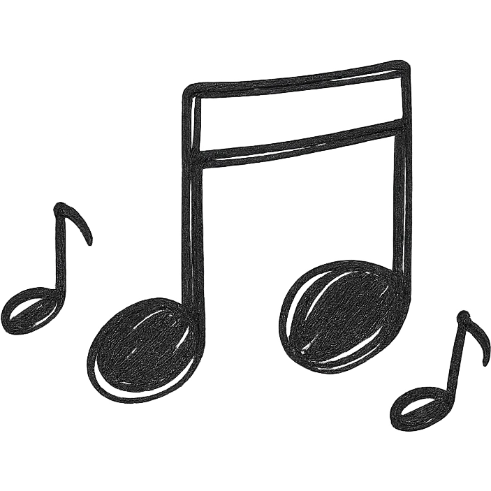 Musical notes icon, hand drawn, black outlines, no fill, simple and clean, front view emoji