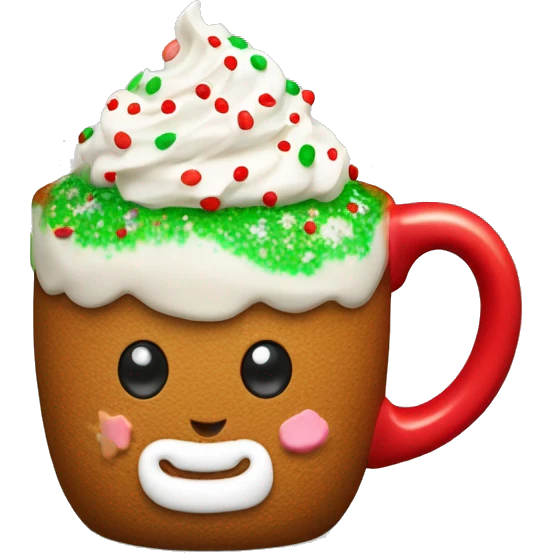 A red mug with whipped cream on top, with a small gingerbread man tucked into the cream. The whipped cream is sprinkled with colorful red and green sprinkles. emoji