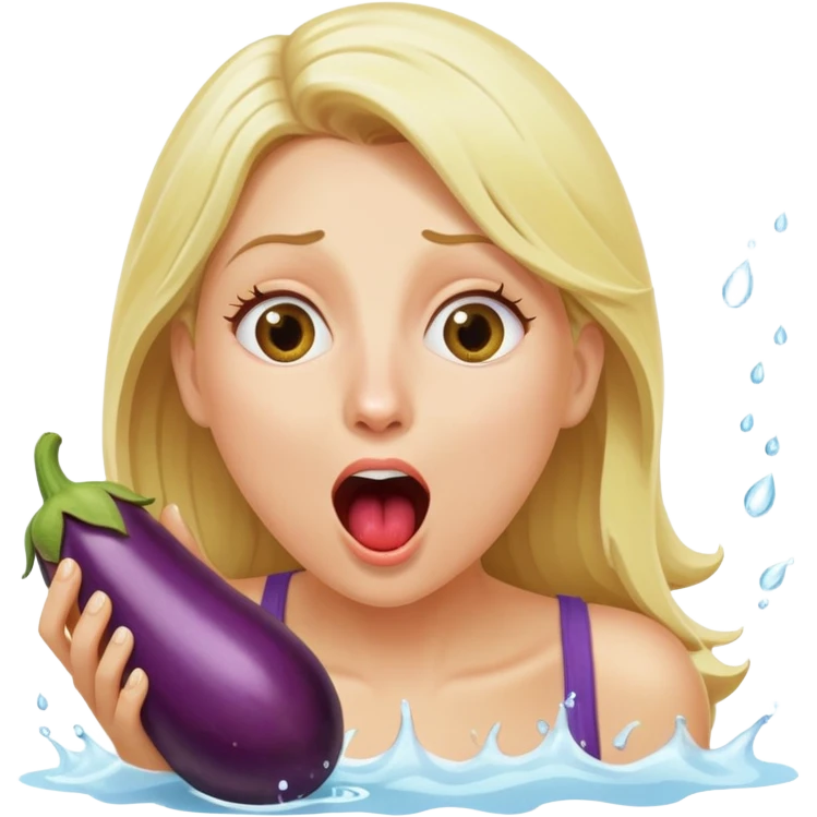 blond woman eating an eggplant, water stream squirting directly from the aubergine into her open mouth, surprised expression emoji
