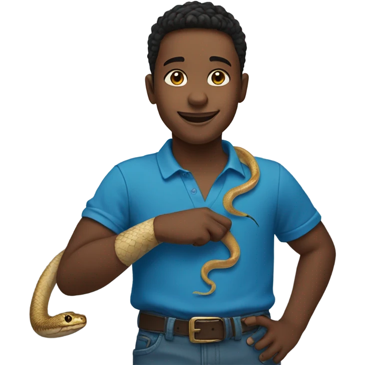 smiling boy outdoors in blue with snake on arm emoji