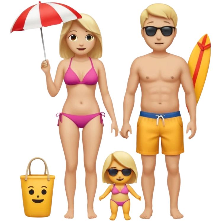 Ein Emoji, das ein älteres Paar am Strand zeigt: die Frau sehr schlank mit mittellangem, blondem Haar im Bikini, der Mann mit dickem Bauchz in Badeshorts. Beide sind im Ruhestand und liegen entspannt in Liegestühlen, um sich vom Stress des Rentnerlebens zu erholen mit sonnenschirm emoji