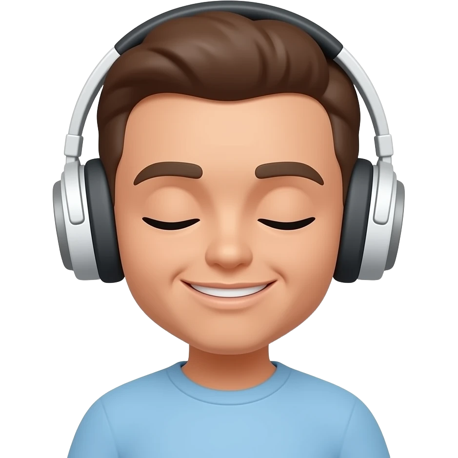 yellow emoji ios style listening music with big white headphones and musical notes, with the eyes closed and a little smile emoji