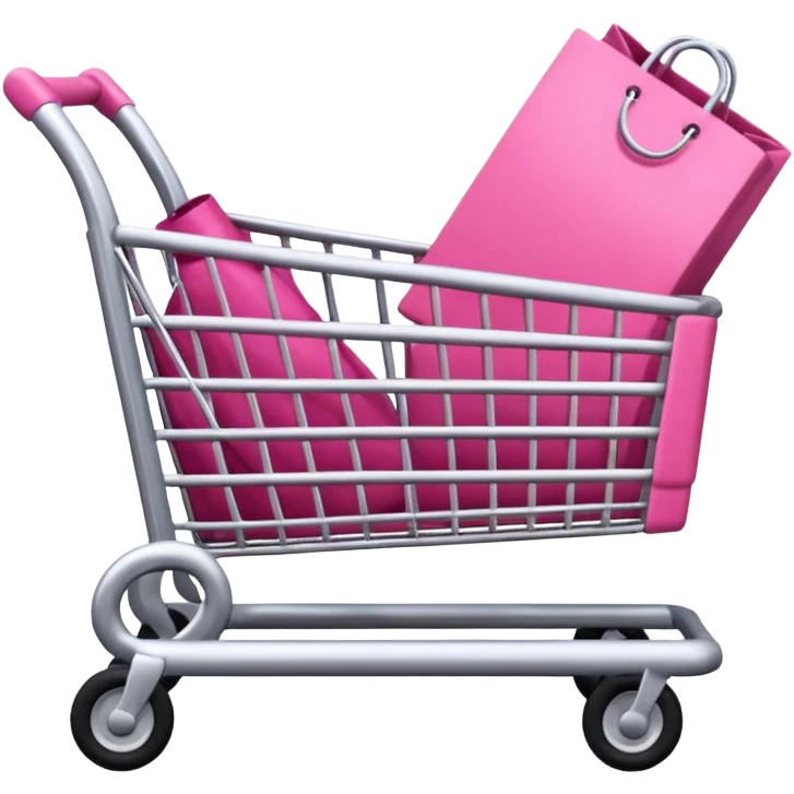 Carrinho na cor rosa cheio de compras femininas, com diversas maquiagens, roupas  emoji