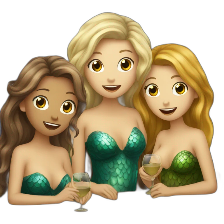 Three mermaids (1 blond, 2 brown hair) drinking wine emoji