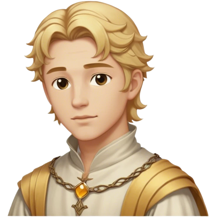 Medieval summer outfit worn by a DnD themed fantasy male character. Character has honey blonde hair swept back from the temples, reaching the nape of the neck with natural waves throughout. emoji