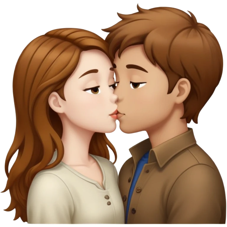 Brown curry hair boy and white brown hair girl kissing emoji
