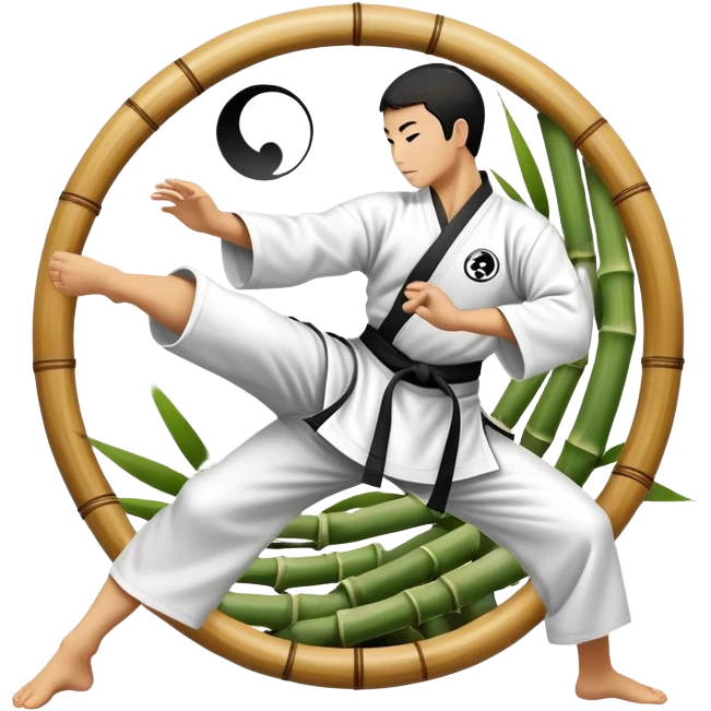 An icon symbolizing Eastern martial arts in the style of an emblem, featuring a black-and-white Yin-Yang symbol at the center. A martial artist is performing a fluid kick, surrounded by elements like a dojo and bamboo. Transparent background highlights balance and harmony. emoji