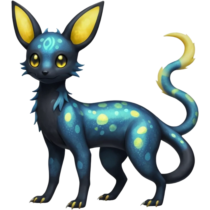 Rare epic aesthetic iridescent spooky gloomy colorful Salandit-Umbreon-Eevee-Genet-species-Fakemon-hybrid-creature, with markings, full body emoji
