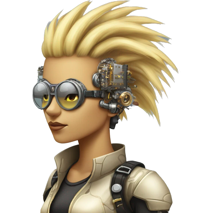 Light yellow Mohawk hair female cyborg head, tan skin, steampunk goggles and circuits emoji