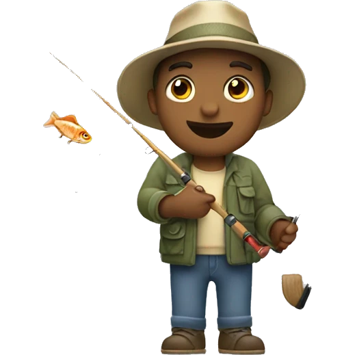 man wearing fishing hat holding fishing rod hooked with large fish emoji