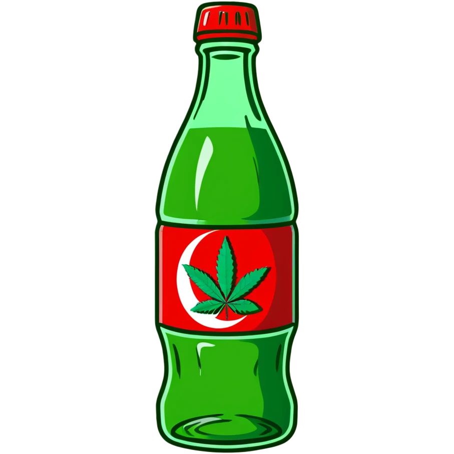 Classic Coca-Cola shaped glass bottle with curved contours, red color, with a cannabis leaf emoji