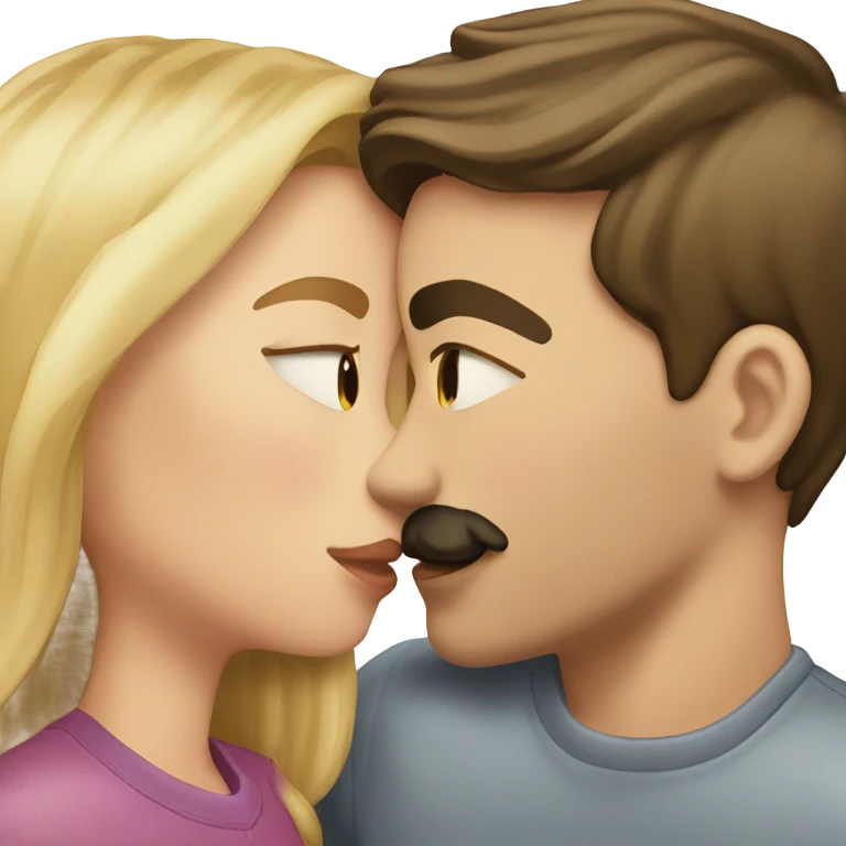 Blonde girl kissing brunette boy with mustache emoji