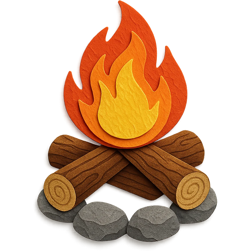 detailed campfire, expressive flame textures, wood logs with grain, rocks with layered paper effect, paper craft style emoji