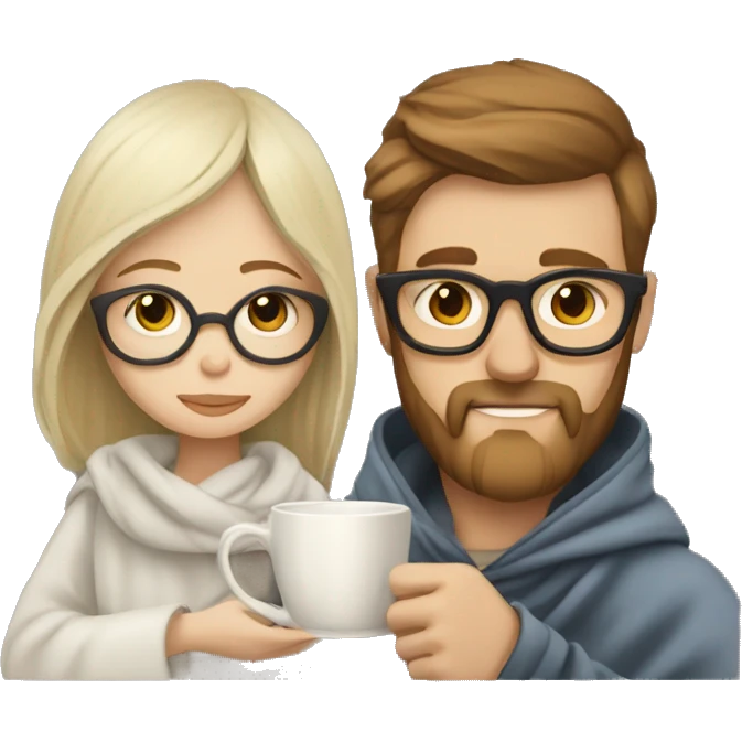 Pale blonde girl wearing glasses and bearded brown haired man drinking tea under blanket emoji