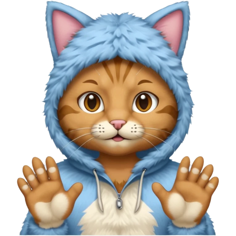 A man wearing cat clothes  and showing his paws emoji