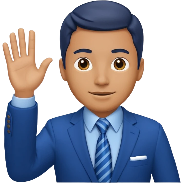 man in a blue suit with tie, waving emoji