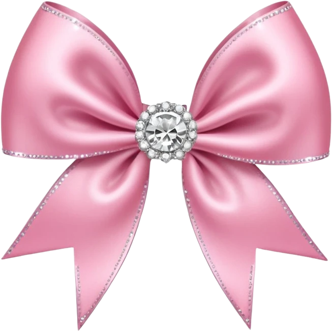 Cutesy pink bow emoji. Shiny baby pink satin ribbon. It's silver glitter sparkles on it. Shiny with rhinestones and shadowed to look three-dimensional emoji
