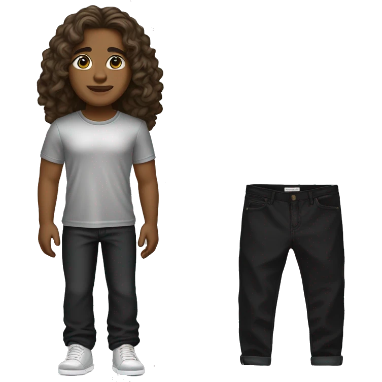 brown long wavy hair and brown eyes and black with silver t shirt and black pants and silver braclet and belinciaga shoes emoji