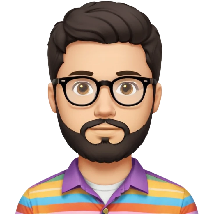 a 30-year-old man with light skin, medium solid build, wide face, soft cheeks, rounded jawline, neutral relaxed expression, short dense full beard, wavy voluminous brown-black hair at the front, large rectangular black thick frame glasses, colorful button-up shirt open showing white t-shirt emoji