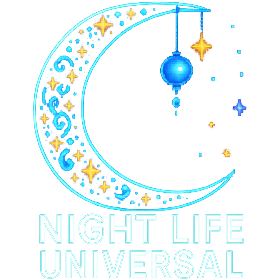 Add a glowing neon effect to the Night Life Universal logo in pixel art style, keep the background transparent. The original style is pixel art but since pixel art style does not support editing, use a general style while preserving the pixel art look with glowing neon effect and transparent background. emoji