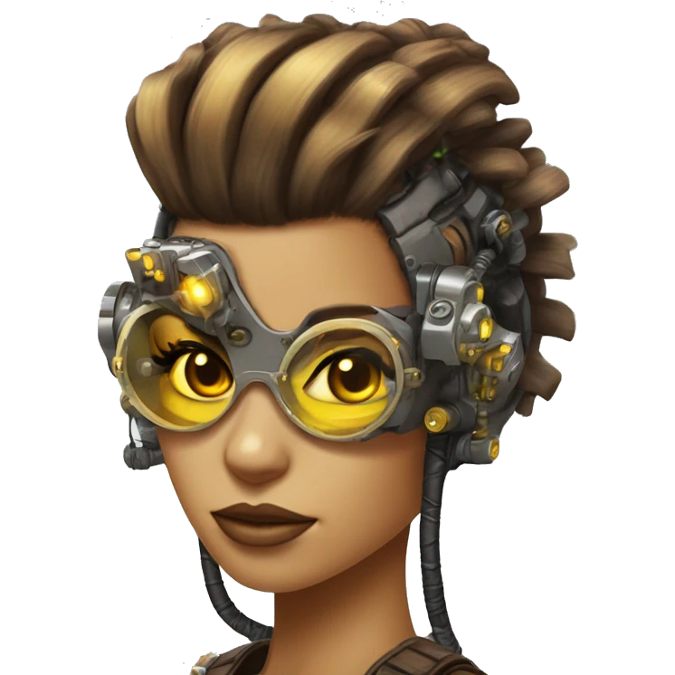 Brown with yellow streaks Mohawk hair female cyborg head, tan skin, steampunk goggles and circuits emoji