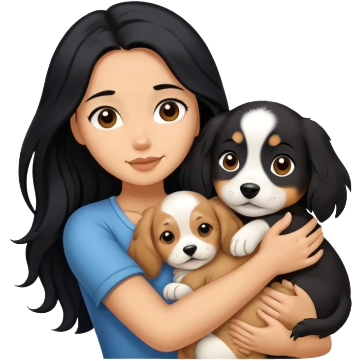 A woman with long black hair hugs a puppy tightly emoji