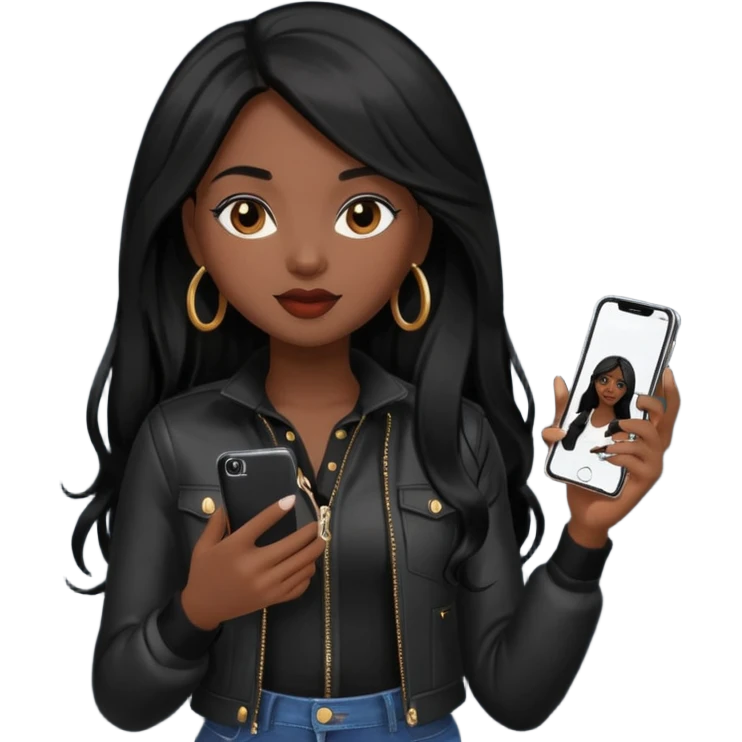 influencer girl black long haired, phone in hand, recording herself, confident, trendy, emoji