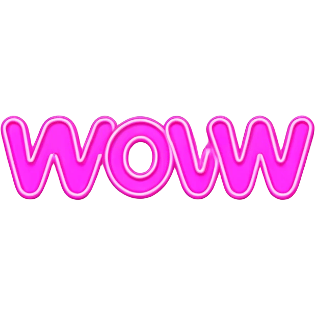 Pink neon sign with the word WOW emoji