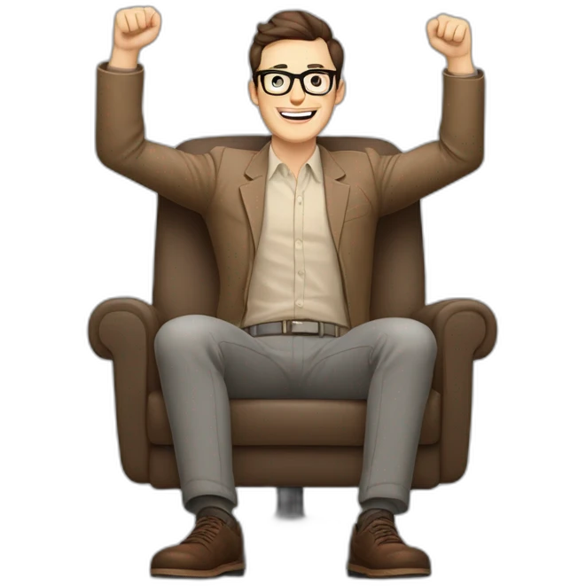 Joyful Celebrating victory Hands up Pale skinned Fit Man With dark brown hair in gray jacket, beige office shirt, Brown pants and vintage glasses sitting In a soft chair emoji
