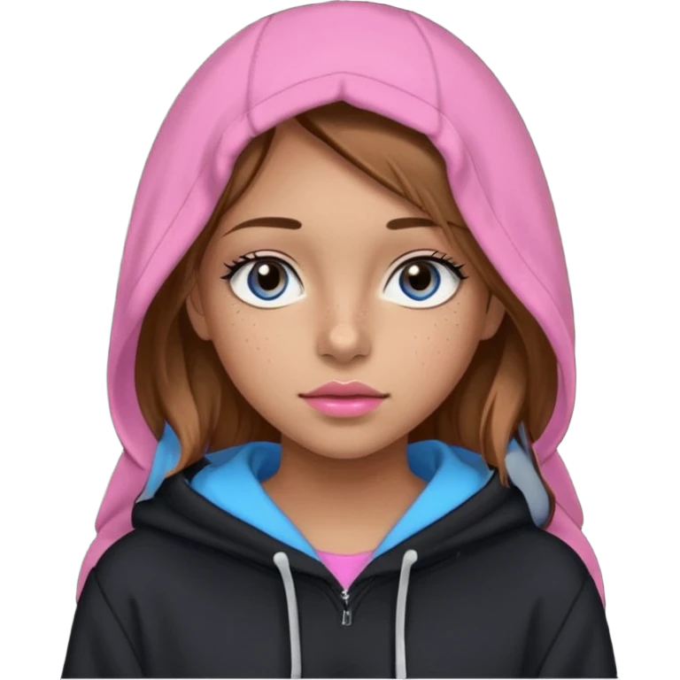 Create a teenage girl with straight light brown hair, tan skin, light freckles, and blue-grey eyes. She will have pink lips and long black eyelashes. She will be wearing a big black hoodie. emoji