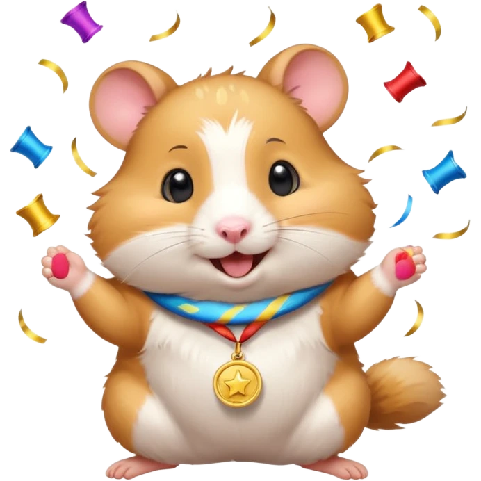 Cute cartoon-style hamster throwing confetti, holding a tiny medal, joyful expression. Painterly shading, white background, sticker-style illustration emoji