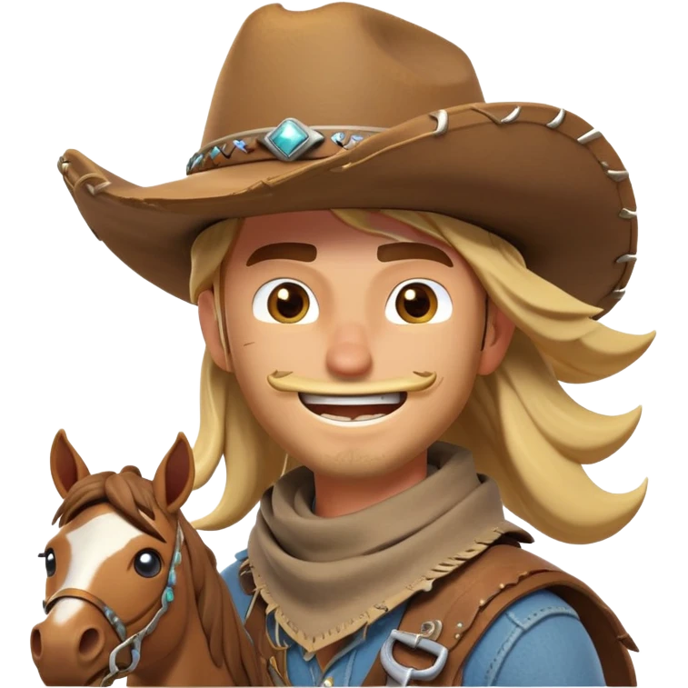clash-of-clans-aesthetic_-cinematic-playful-cowboy-portrait-emoji, head-tilted with a roguish, cheeky grin and twinkling eyes, featuring a rugged, spirited build with a wide-brimmed cowboy hat and a weathered bandana on tan skin, riding a powerful galloping horse with dynamic flowing mane, reins gripped firmly in one hand and a lasso in the other, as dust swirls behind them in a vast desert landscape. emoji