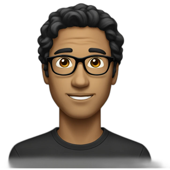 Beige guy, black eyes, black long wavy hair, no facial hair, thin long nose, round glasses, black t shirt emoji
