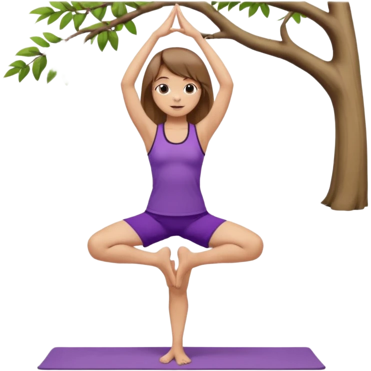 Девушка с короткими волосами до плеч русого цвета, пробор по посередине головы есть чёлка, с черными бровями, карие глаза, у неё фиолетовый спортивный костюм с майкой и шортами, она занимается йогой в позе дерева emoji