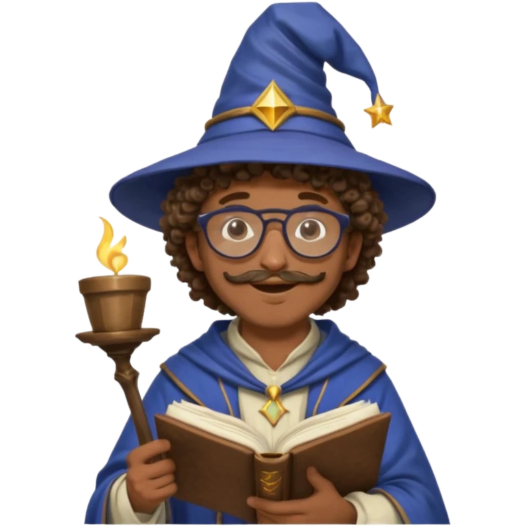 A Joyful Adult Male with Brown skin and Curly hair, wearing a Traditional outfit, a Wizard hat, Sunglasses, carrying a Spellbook, working as a farmer, while drinking Coffee and reading a Textbook. emoji