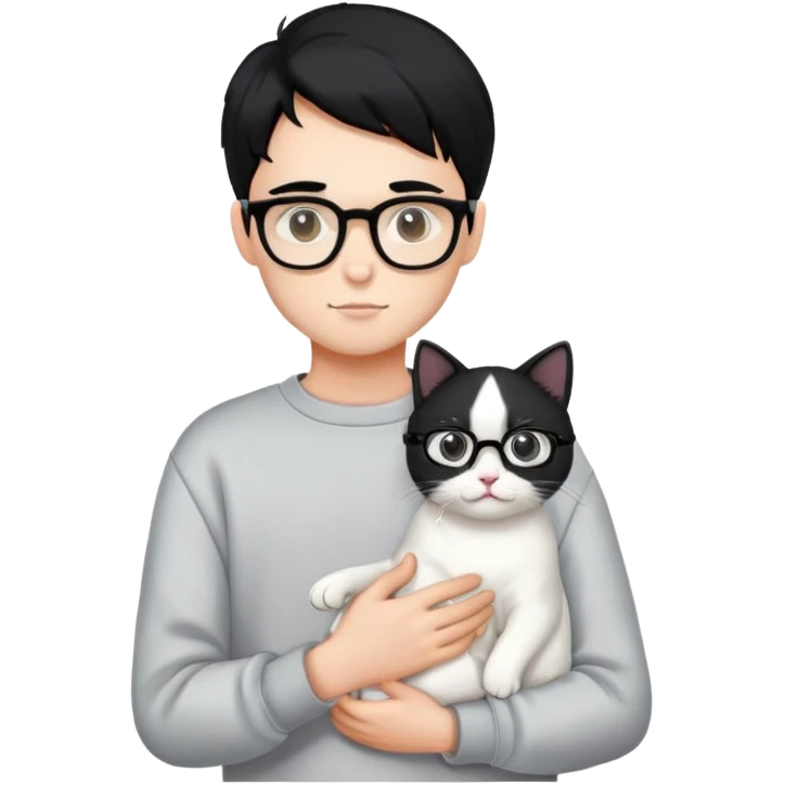 A handsome boy wearing a sweatshirt, black hair and glasses is holding a white cat emoji